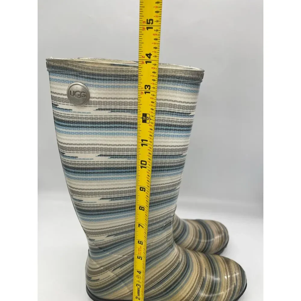 UGG Shaye Striped Rubber Rainboots Women's Size 7 Blue / Gray / White